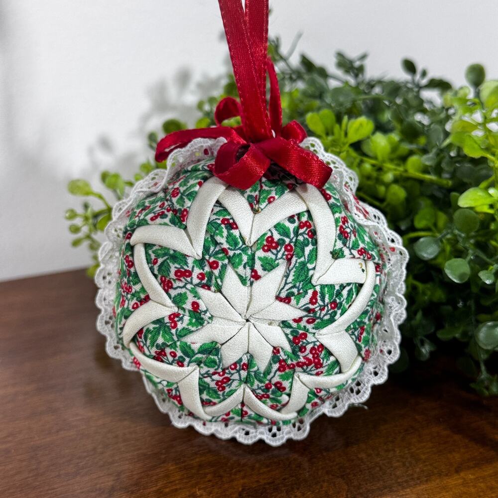 Handmade Folded Star Quilted Patch Holiday Christmas Ornament Red Green 4”